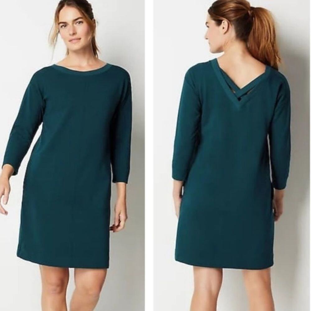 J Jill Fit Ultimate Fleece Cross Back 3/4 Sleeve Dress sz Medium Blue Athleisure